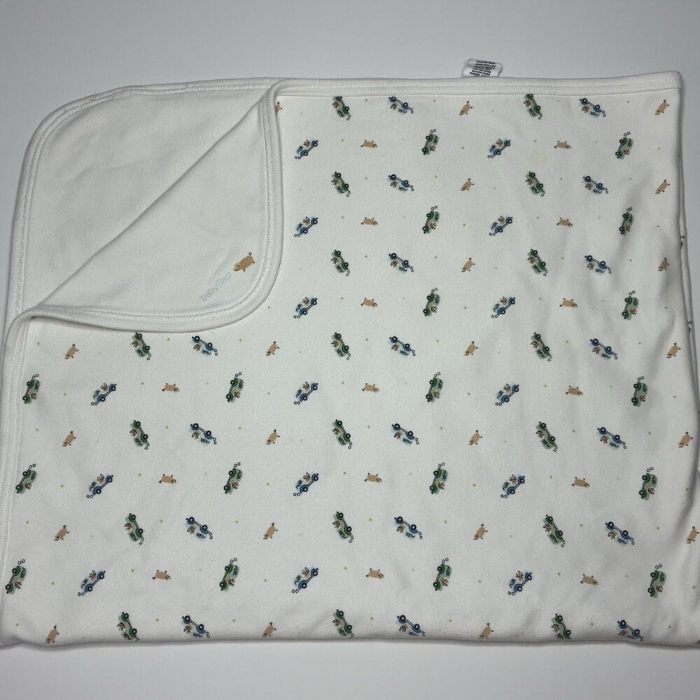 Vintage 1999 Old Navy Pig Baby Blanket White Green Blue Polka Dot Trucks READ